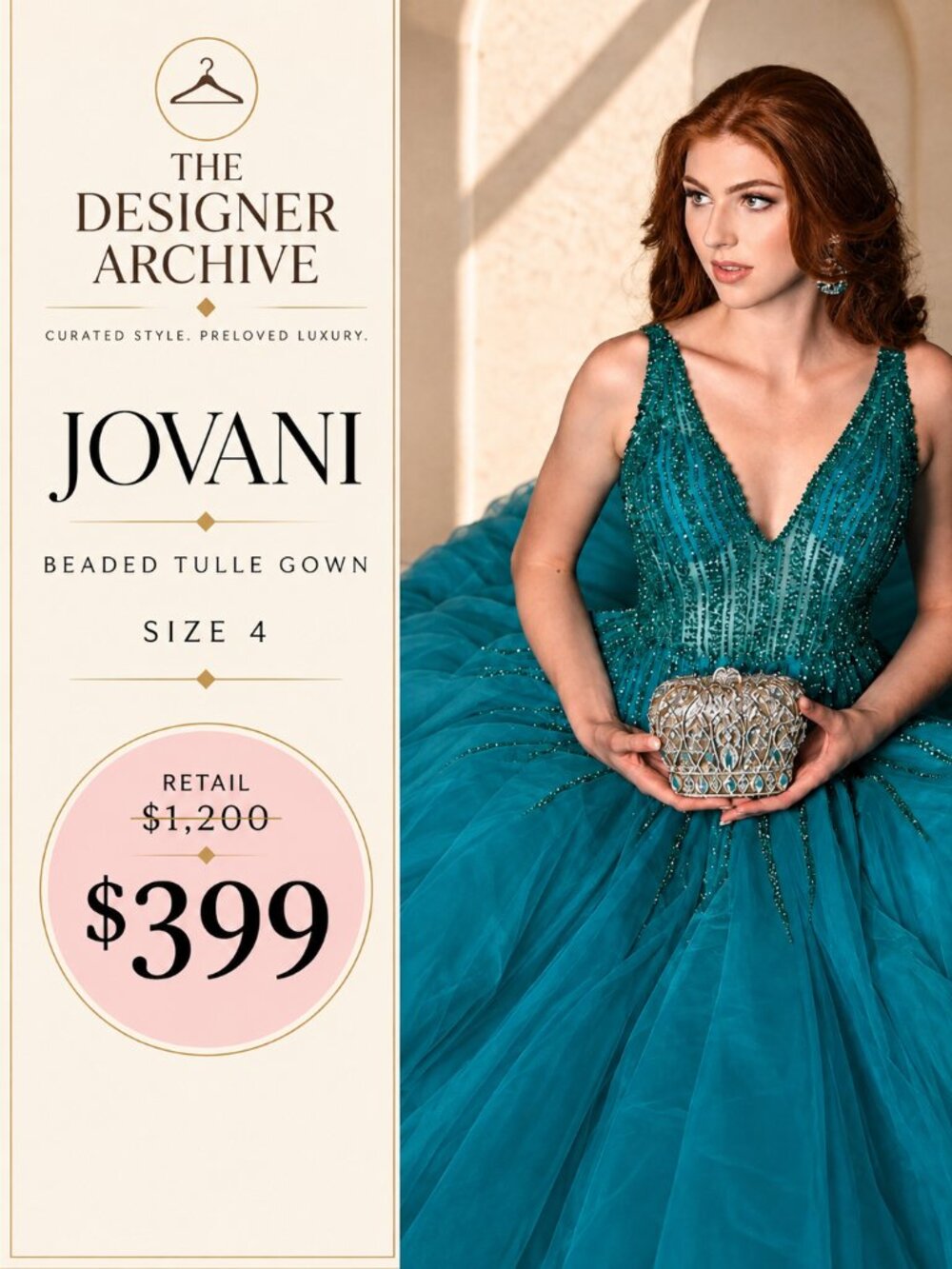 Jovani 08638 Teal Beaded Tulle Ballgown Size 4